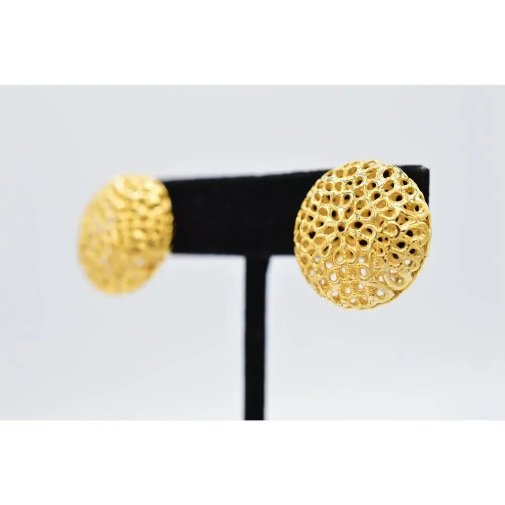 Vintage Stud Earrings Metallic Gold Round Puffy Filigree Chunky NOS 1980s 9L